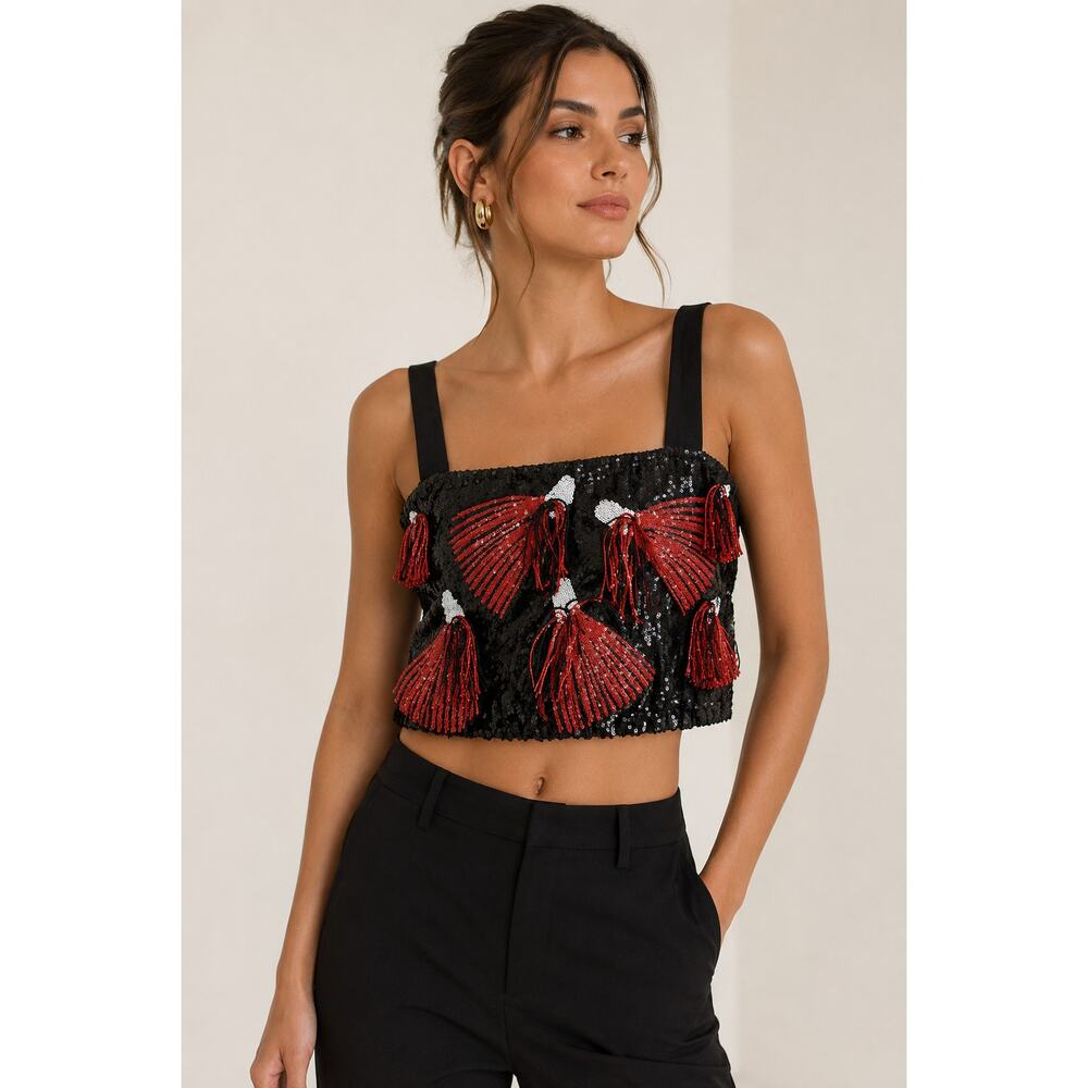 Queen of Sparkles Sequin Tassel Crop Top Black Red XS